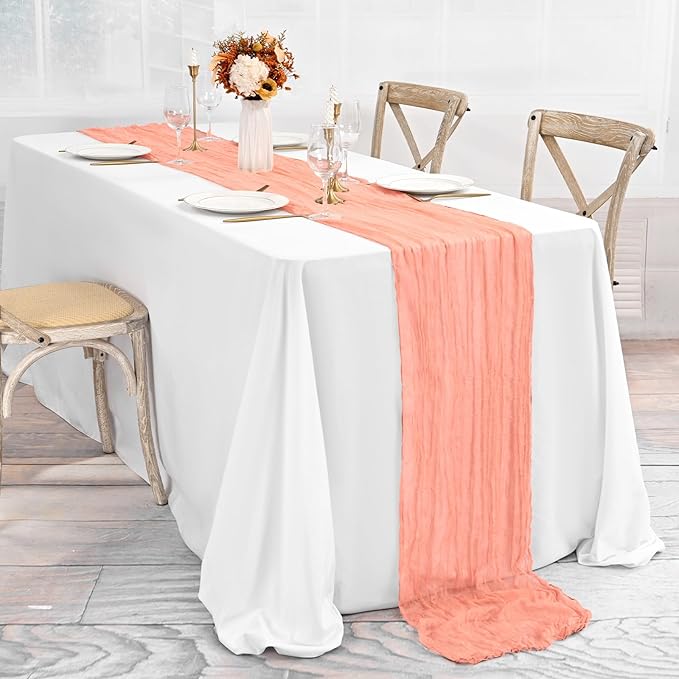 20 Pack Coral Table Runner 10Ft Cheesecloth Table Runner Boho Gauze Table Runners Romantic Long Sheer Fabric Cheese Cloth Table Runners for Wedding Party Bridal Shower