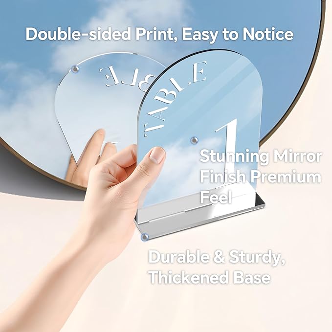 Mirror Arched Wedding Table Numbers 1-25 with Stands, 5"x7" Double-sided Letter, Acrylic Wedding Signs Centerpiece Decoration for Wedding Reception Party (Silver, Table Numbers 1-25)