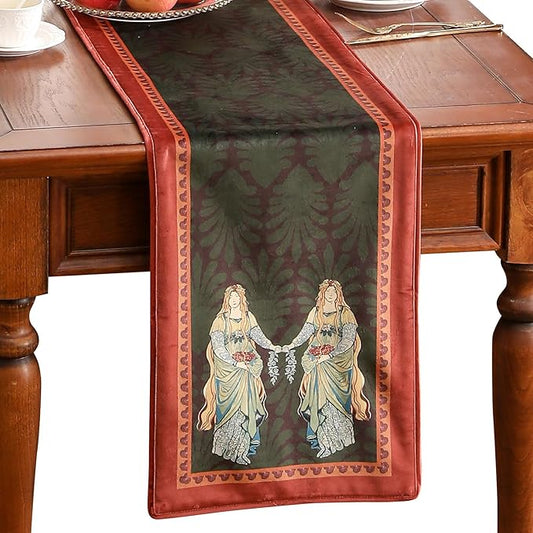 patdrea Designer Mysterious Oil Painting Figures Velvet Table Runner, Brown Green with Palm Frond Pattern Table Mat, Decoration for Kitchen Dining Coffee Table Cabinet Banquet Thanksgiving,12"*71"