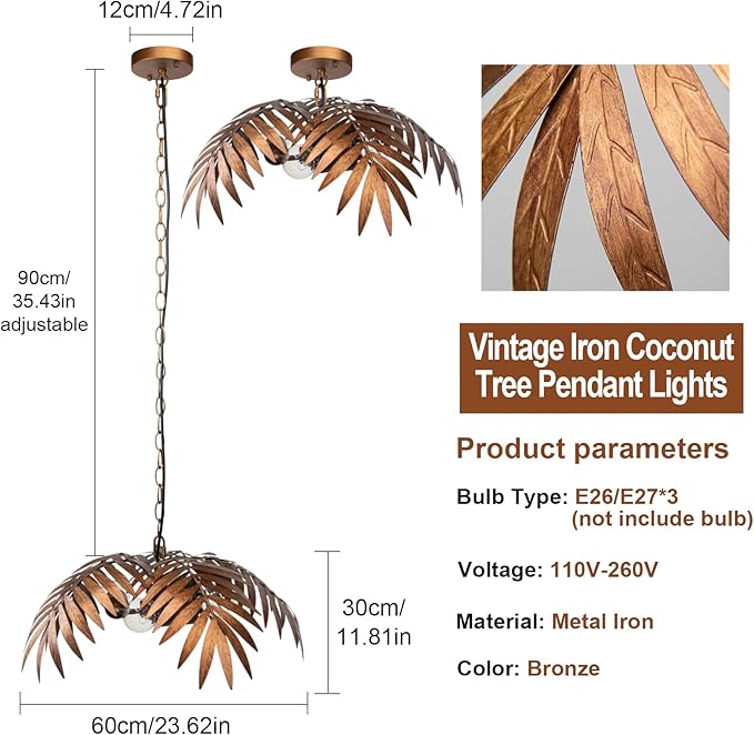 Vintage Adjustable Tropical Coconut Tree Chandelier Rustic Leaves Pendant Light Palm Coconut Trees Creative Art for Bedroom Hallway Bar Kitchen Hanging Lighting Fixture
