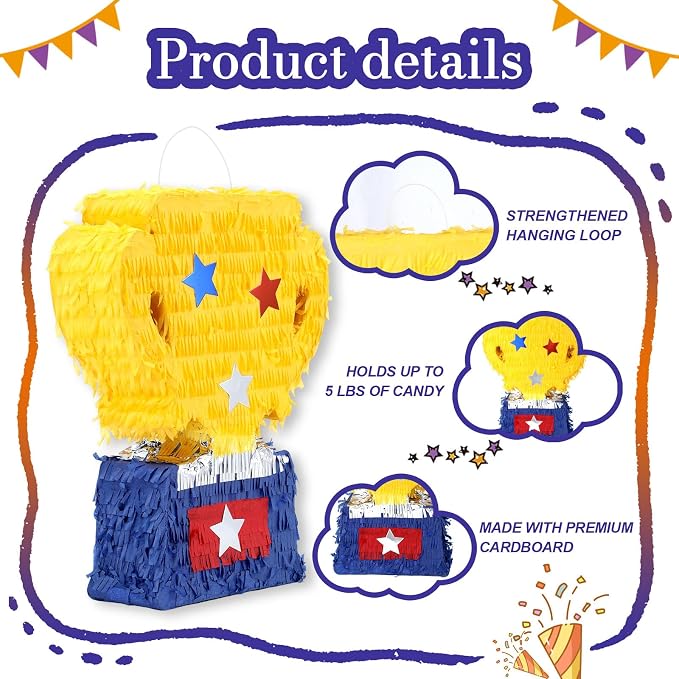 Gold Trophy Pinatas Bundle with a Blindfold and a Bat (Small Size 15.5 x 13 x 4 Inches), Perfect for Sport Team School Event Parties, Champion Award Ceremony Party Decorations Games
