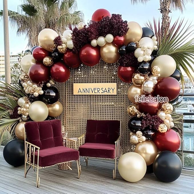 Burgundy Black Balloon Arch Kit Double Stuffed Maroon Dark Red Wine Pearl White Sand Gold Balloon Garland for Birthday Mothers Day Anniversary Graduation Hollywood Bridal Shower Party Decoration