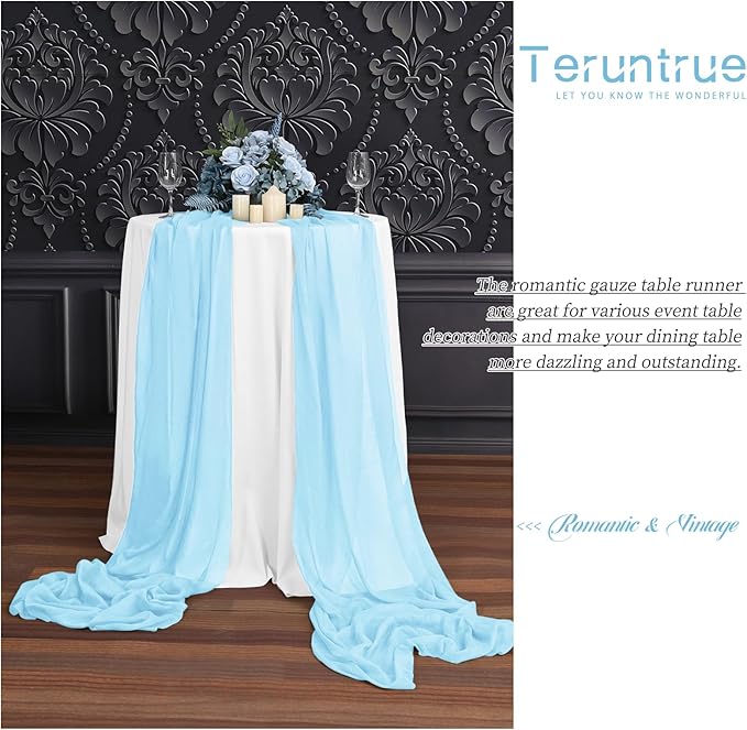 Teruntrue 24 Packs Light Blue Cheesecloth Table Runner,10ft Rustic Gauze Boho Wedding Table Runner Decoration, Wedding Table Decor Sheer Table Runner for Wedding Party Bridal Shower Table