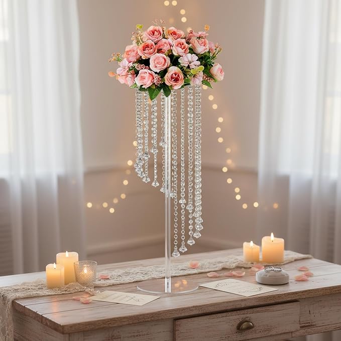 Clear Acrylic Tall Flower Vases -2 Pcs 31.5" Cylinder Pedestal Stands for The Table Centerpieces for Parties, Chandelier Crystals Decorative Flower Stand, Wedding, Celebration, Home Decoration