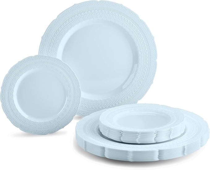 OCCASIONS 25 Guests Heavy Duty Disposable Plastic Plates Set – 25 Dinner Plates (11") & 25 Salad/Dessert Plates (8.25") – Fancy Party Plates for Weddings, Events, Baby Shower – Chateau Collection Blue