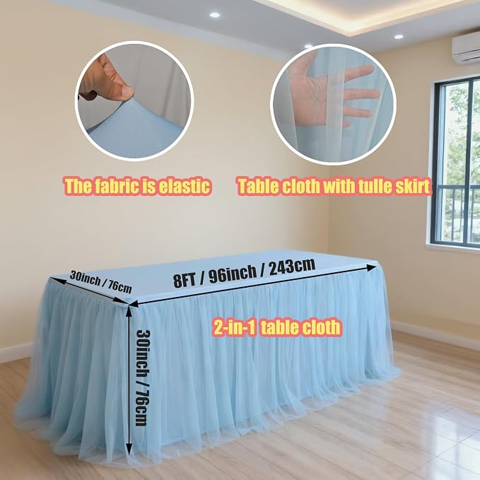 1-Pack Blue 2-in-1 Tulle Tablecloth for 8-Foot Rectangular Table – Stretch Fitted Table Skirt & Cover for Baby Shower, Bridal, Birthday, Princess Party