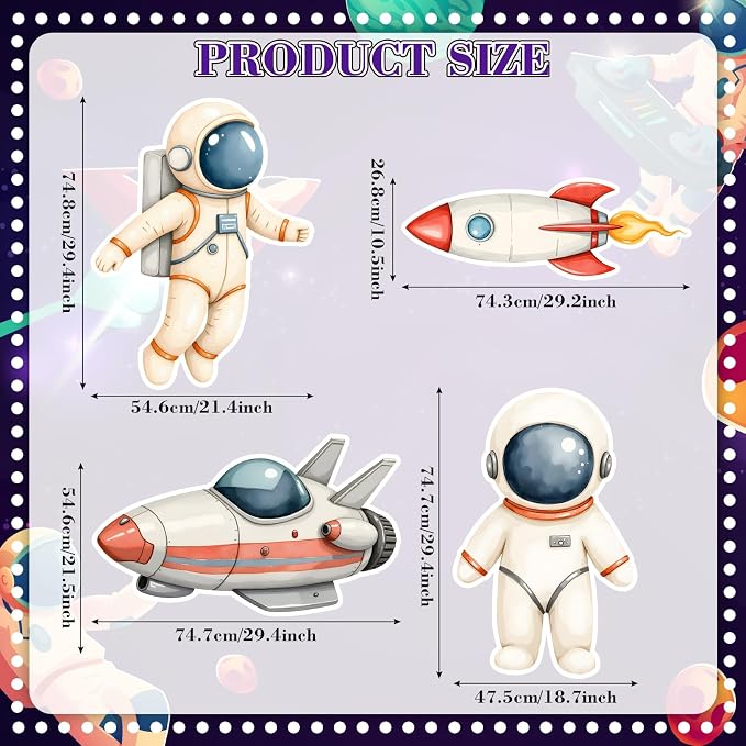 Honoson 4 Pcs Large 30" Astronaut Cardboard Cutouts, Space Birthday Party Decoration Rocket Spaceship Backdrop Standup Photo Booth Prop for Baby Shower Party Supplies Classroom Sign