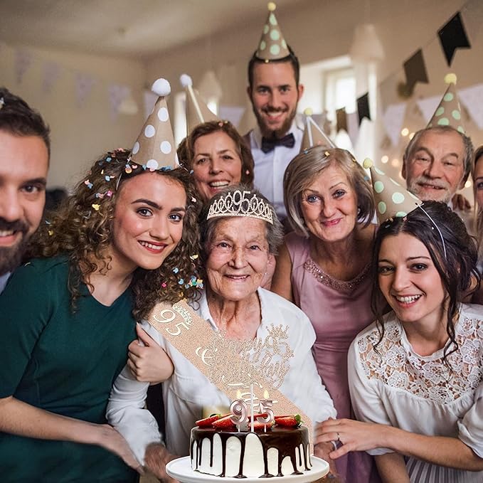 95th Birthday Party Decorations for Women, Including 95th Birthday Sash and Crown, Cake Topper and Candles, Number Balloons, 95 Year Old Decorations Gifts Idea