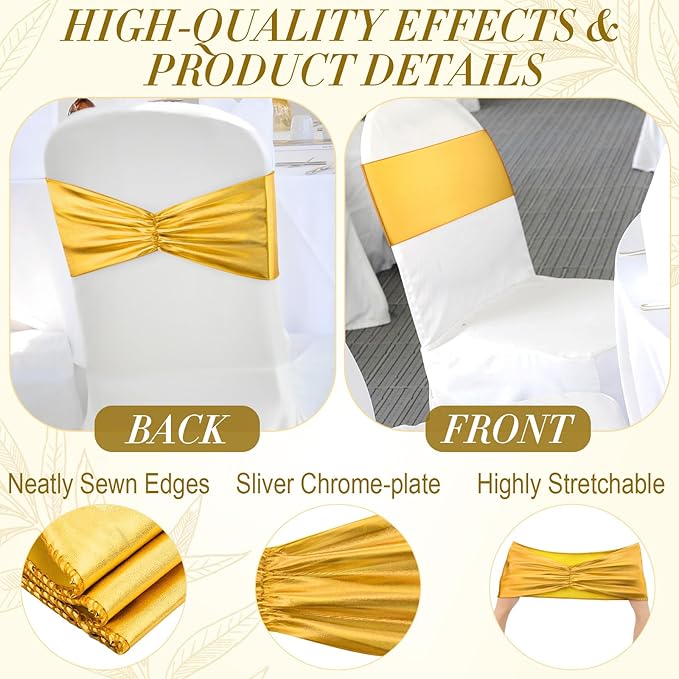 Hahafelt 100 pcs Chair Sashes Shiny Bow Spandex Bands for Chair Wedding Banquet Parties Reception Restaurant Decoration, Gold