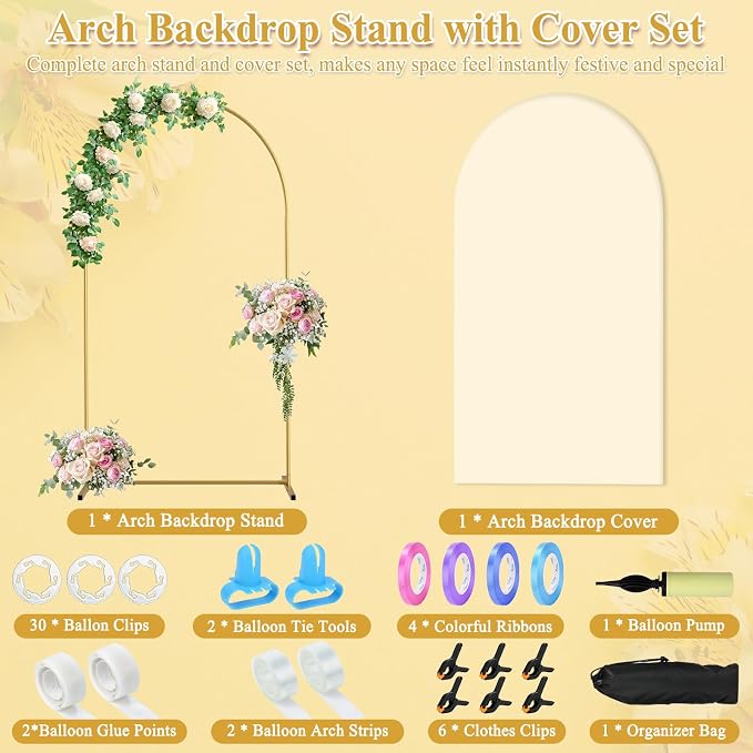 Jupwalz Arch Backdrop Stand and Cover Set, Metal Arch Stand with Rich Balloon Tool for Wedding Birthday Baby Shower Graduation Event Balloon Flowers Decor, Easy to Assemble (7.2FT, Beige)