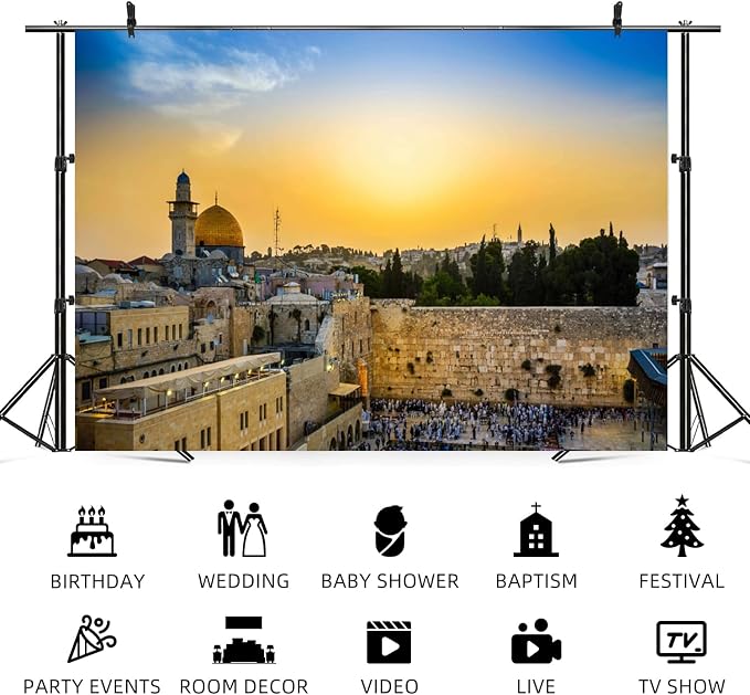 8x4ft Jerusalem Western Wall Backdrop Jewish New Year Photography Background Rosh Hashanah Shana Tova Sukkot Sukkah Yom Kippur Purim Passover Hanukkah Banner Decorations Photo Booth Prop