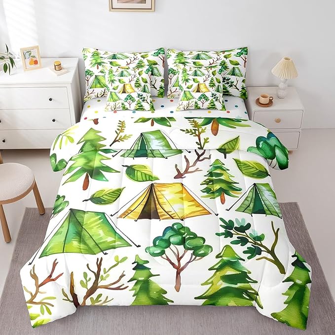 jejeloiu Happy Camping Comforter Set with Sheets Queen Size 7 Pieces Kids Summer Tree Branches Woodland Bedding Set for Boys Girls Leaves Pattern Nature Theme Bed in a Bag Room Decor