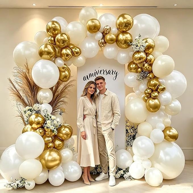 White and Gold Balloon Garland - Double Stuffed Pearl Sand White Gold Balloons Arch Kit 5 12 18 inch for Birthday Graduation Bar Mitzvah Bachelorette Wedding Baby Shower Party Decorations