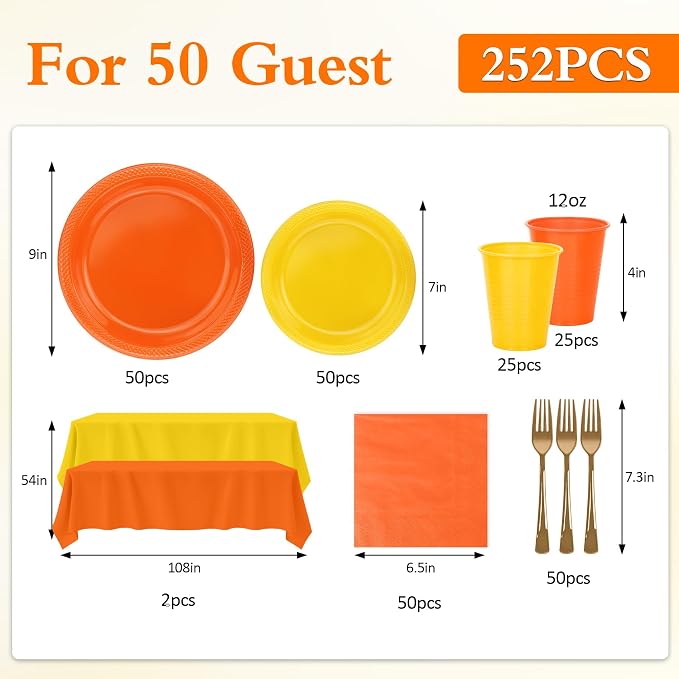 Fall Plastic Plates for Party,Disposable Orange and Yellow Party Supplies,50 of Each 9" Dinner,7" Dessert Plate,Napkins,Cups,Forks and 2 Tablecloth Dinnerware for Birthday & Fall Thanksgiving