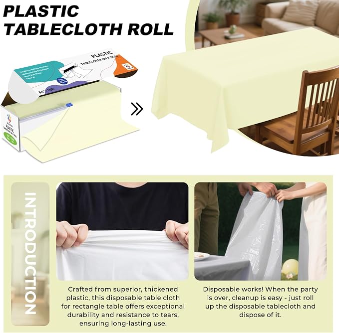 54IN X 160FT Plastic Table Cover Roll with Cutter Box, Cut to Size Plastic Table Cloths for Parties, Birthday, Disposable Tablecloth Roll for All Shape Tables (Beige, 54 Inch X 160 Feet)