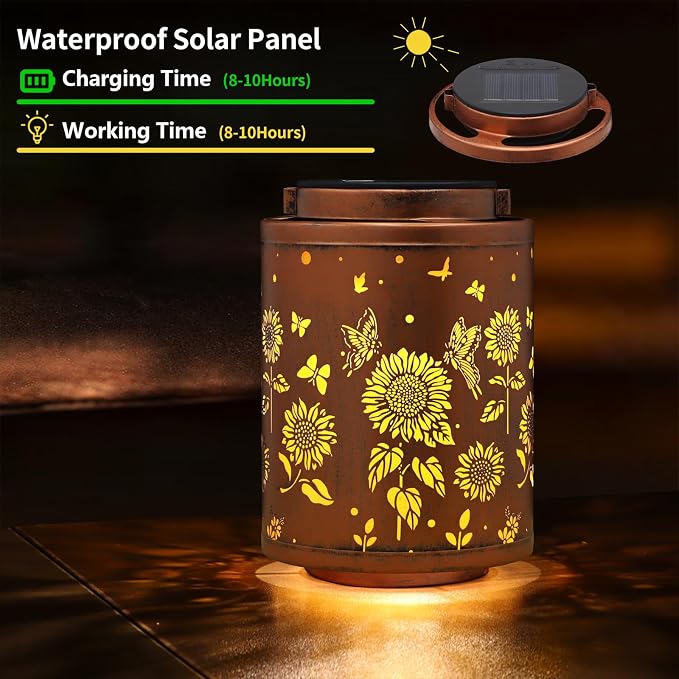 2 Pack Solar Outdoor Lanterns,Butterflies Garden Decor LED Light Hanging Waterproof Solar Metal Lanterm Gifts for Women Mon Grandma Sunflower Solar Lights Outdoor Decoration