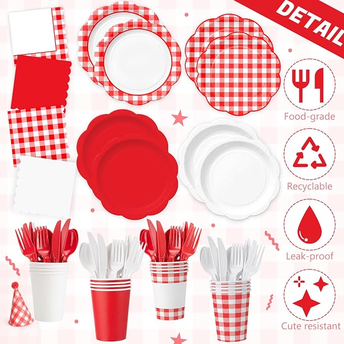 Ceenna 390 Pcs Red Gingham Party Supplies for 48 Guests, Red and White Checkered Paper Plates Napkins Cups Tablecloth Cutlery Disposable Tableware for Picnic BBQ Birthday Baby Shower Party Deocration
