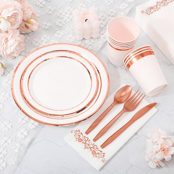 meekoo 350 Pcs Rose Gold Party Dinnerware Set Disposable Paper Plates for 50 Guests 9in and 7in Dinner Dessert Plates Napkins Gold Rim Plastic Cups Knives Forks Spoons for Party Wedding(Round)