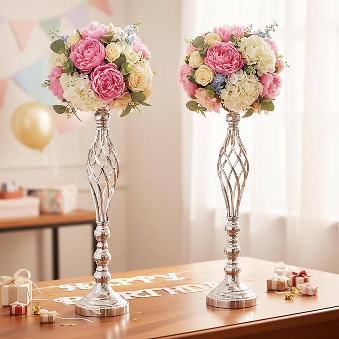 Silver Wedding Vases for Table Centerpieces - Set of 10 Twist Candleholder Stands, Elegant Floral Arrangement Vases, Metal Centerpieces for Reception Table Wedding Road-Leading Home Decor