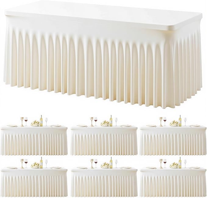 6 Pack Ivory Table Cloth for 6 Foot Rectangle Tables Spandex Fitted Tablecloth 6ft Stretch Table Covers Skirt Ivory Banquet Tablecloths Wrinkle Free Tablecloth for Party Wedding Birthday Event