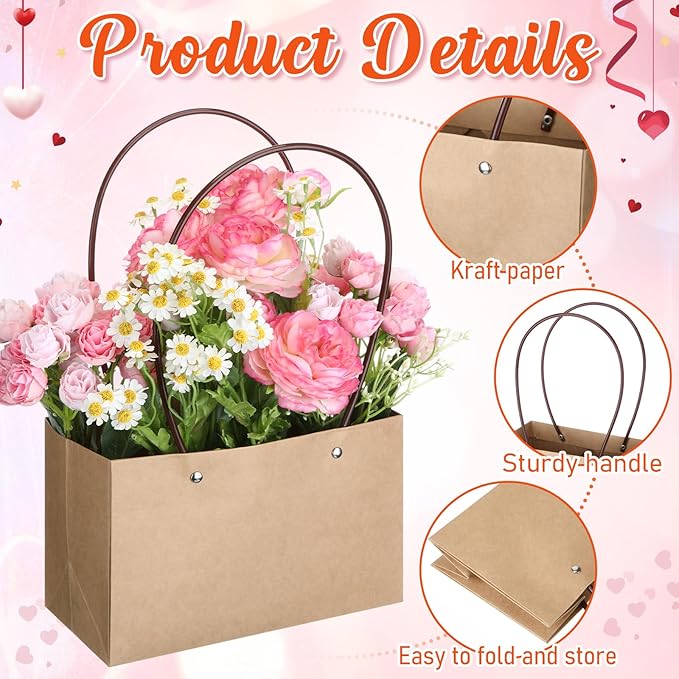 6 Set Mother's Day Flower Gift Boxes with Floral Foam Blocks, Bouquet Carrier Bags with Handle, Paper Flower Box for Bouquet, Floral Arrangement Box for Birthday, Wedding Party Favor(Brown)
