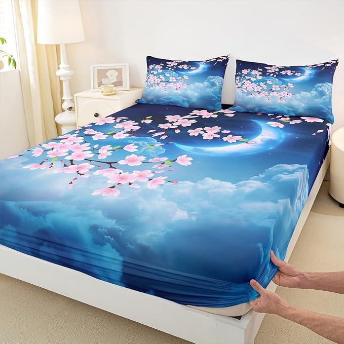 Castle Fairy Moon Fitted Sheet Set with 2 Pillowcase,Pink Cherry Blossom Bright Moon Planet,Soft Cool Hotel Top Flat Sheet Luxury Microfiber,Queen Size