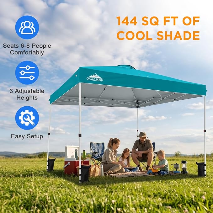 EAGLE PEAK Pop Up Canopy Tent with Wheeled Carry Bag, 8 Stakes, 4 Ropes, 4 Weight Bags, Easy Set Up Tent Canopy, 12x12 ft, 144sqft of Shade, Turquoise