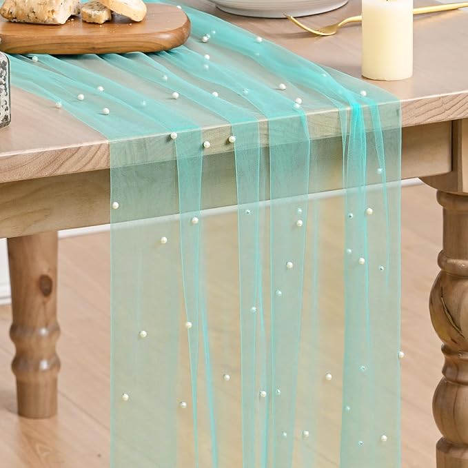 Artoid Mode 6PCS Pearl Turquoise Gauze Table Runner 120 Inch 10FT, Seasonal Sheer Dining Holiday Wedding Birthday Baby Shower Table Decor for Home Party