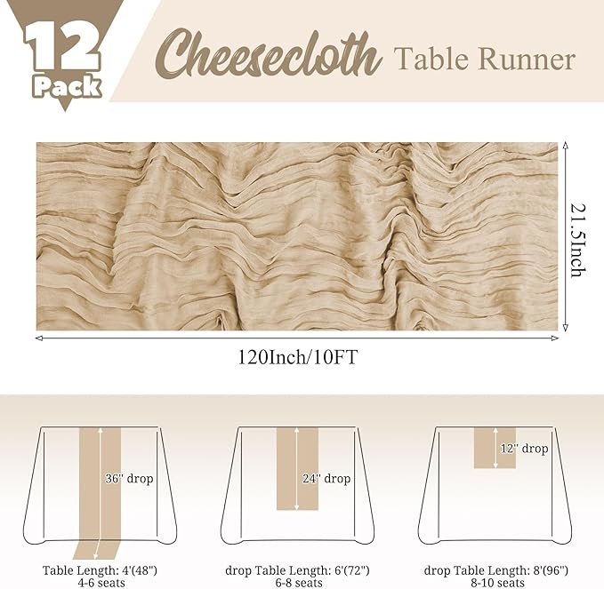 12 Pack Beige Table Runner 10Ft Cheesecloth Table Runner Rustic Gauze Table Runners Romantic Long Sheer Fabric Cheese Cloth Table Runners for Wedding Party Bridal Baby Shower