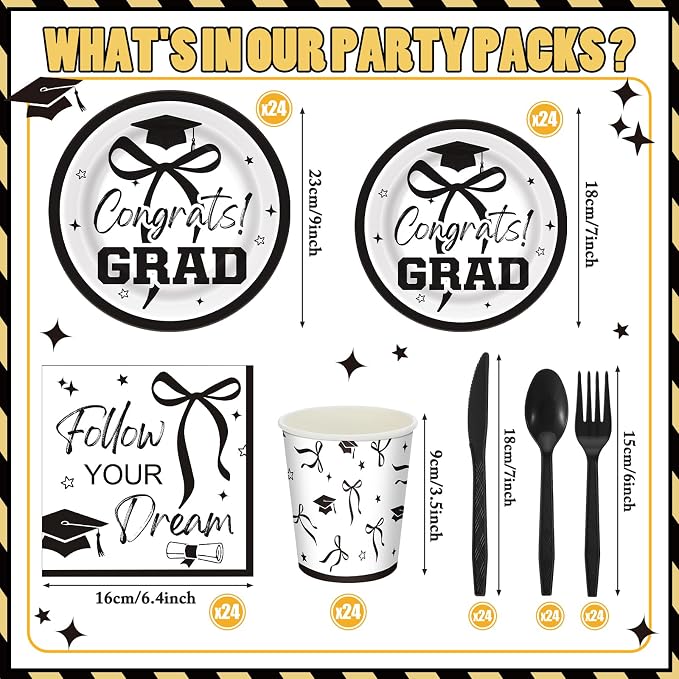 168 Pcs Black Bow 2026 Graduation Party Supplies Black Coquette Congrats Grad Plates and Napkins Class of 2026 Tableware Set Serves 24 Disposable Paper Cups for College Senior High School