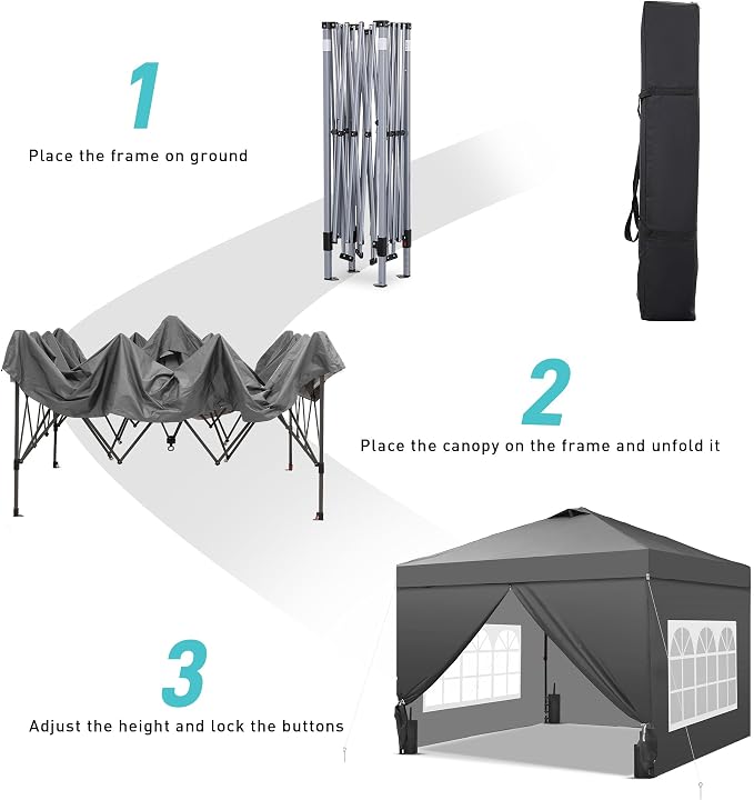 GDY 10x10 Pop Up Canopy Tent with 4 Sidewalls, Easy Set up, Outdoor Silver Coated Beach Gazebos, Carpas with 4 Sandbags, for Events, Parties,Camping, Grey.