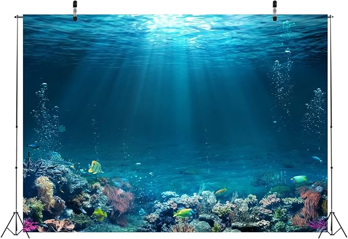 BELECO Underwater World Backdrop 10x6.5ft Fabric Undersea Backdrop for Photography Under The Sea Tropical Fish and Corral Deep Sea Sunlight Seabed Background Undersea Party Decor Photo Studio Props
