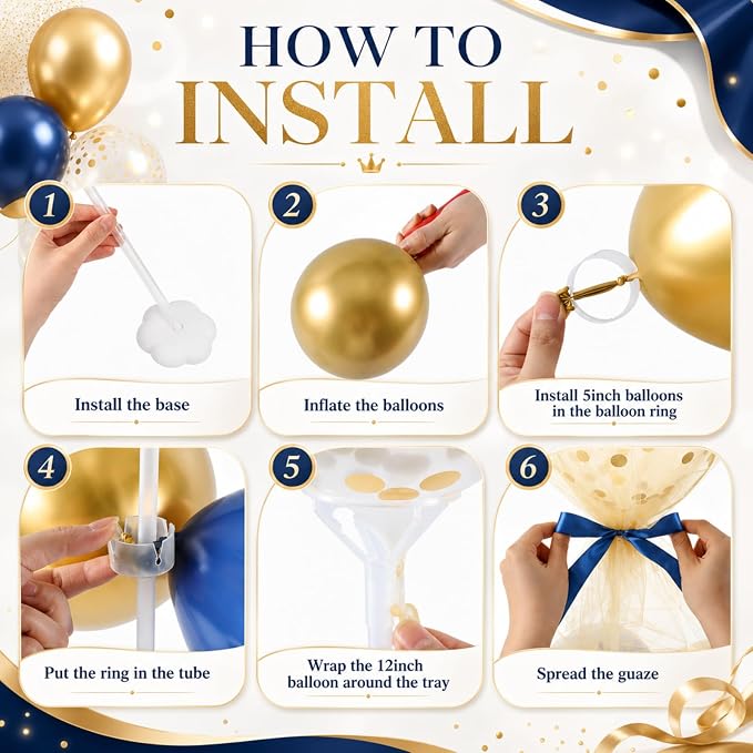 BBTO 8 Set Blue Gold Balloon Centerpieces for Table, Balloons Stand Kit with Base Tulle for Wedding Birthday Grad Prom Centerpieces Party Back to School Baby Shower