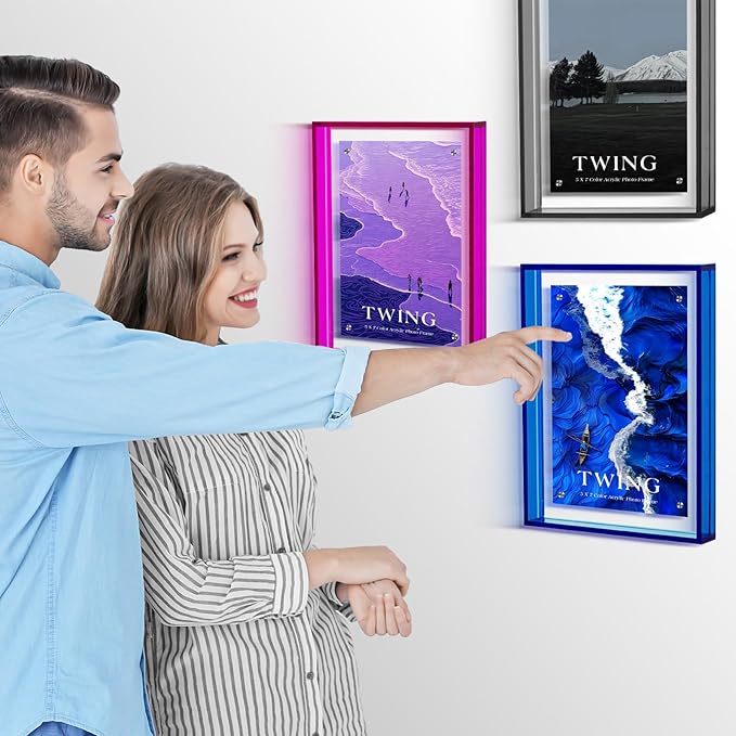 TWING 5x7 Picture Frame, Acrylic Photo Frame Self Standing Magnetic Color Floating Picture Frame Use as 5x7, 5x5, 4x6 - Horizontal and Vertical Formats for Wall and Tabletop Display, Blue, 1 Pack