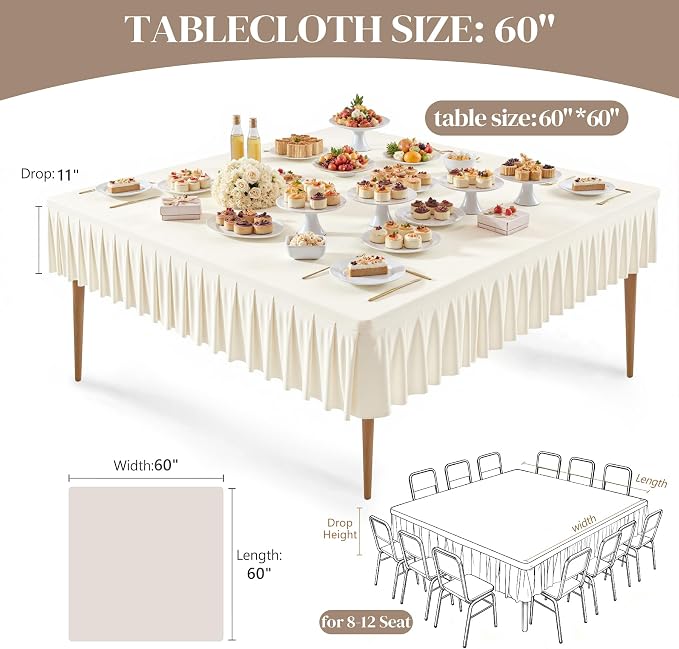Wish Care Ivory Spandex Tablecloths for 60x60 Inch Square Tables, Stretch Fitted Table Clothes with Pleated Ruffle Skirt for 60” Table, Wrinkle Free and Elastic, for Party Kitchen Home Dining