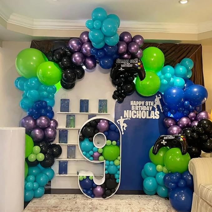 Blue Purple Balloon Garland Arch Kit, 104 PCS Metallic Purple Blue Black and Green Balloons with Star Balloons for Kids Boys Video Game Night Birthday Party Decorations