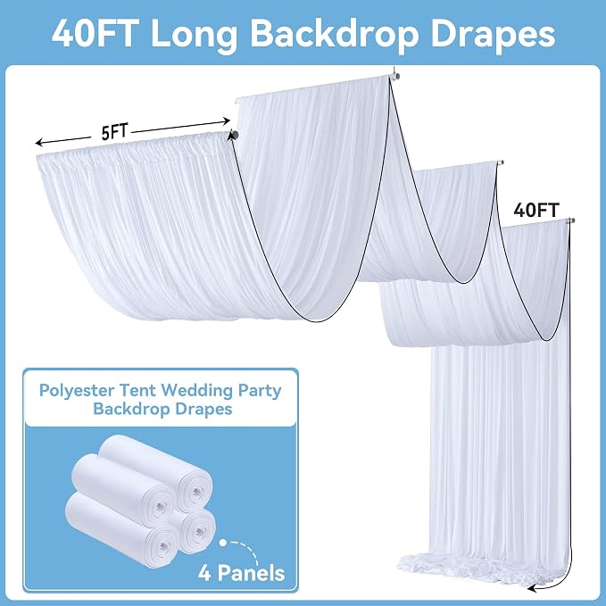 4Panels White Wedding Drapes, 5ftx40ft Wrinkle Free Tent Draping Curtains, Fabric Canopy Ceiling Drapes for Ceremony Birthday Theme Parties with Rod Pocket