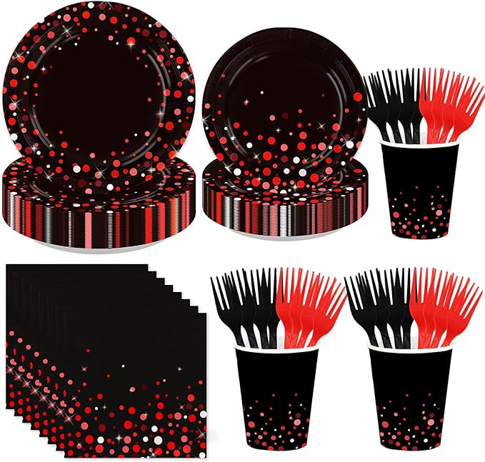 250Pcs Black and Red Party Decorations Graduation Red Dot on Black Plates Napkins Cups Forks Disposable Stranger Tableware Set for Congrats Grad Birthday Baby Shower Party Supplies Serves 50
