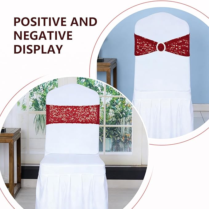SquarePie Pack of 50 Sequin Chair Sashes Bands Glitter Red Double-Sided Sequins Stretch Chair Cover Bows with Buckle Slider for Wedding Party Fiesta Banquet Decor
