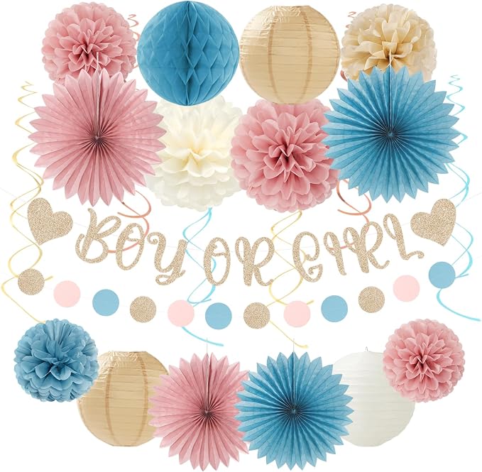 Boy Or Girl Gender-Reveal Party-Decorations - 22pcs Champagne Dusty Blue Blush Pink Backdrop Banner,Neutral Paper Lanterns Streamers,Tissue Pom Poms Flowers Fans Decor Ideas Supplies Hugmoon