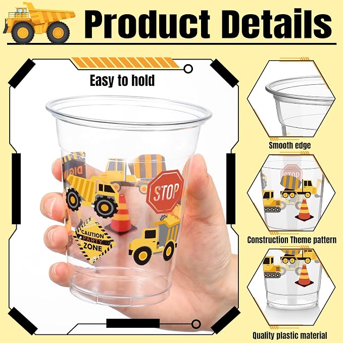 FoldTier 50 Pcs Construction Cups 12 oz Traffic Zone Birthday Glasses Plastic Dump Truck Construction Drinking Cups for Home Traffic Zone Birthday Party Favors Supplies Decoration