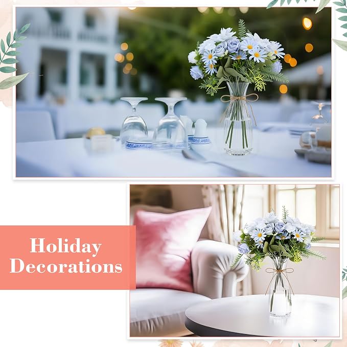 Reallnaive 30 Pack Artificial Flowers Table Centerpieces Decorations with Plastic Vase Wedding Mason Jar 20 Bundles Silk Floral Bouquet 10 Clear Vase with Rope for Party Decor(Dahlia,Blue)