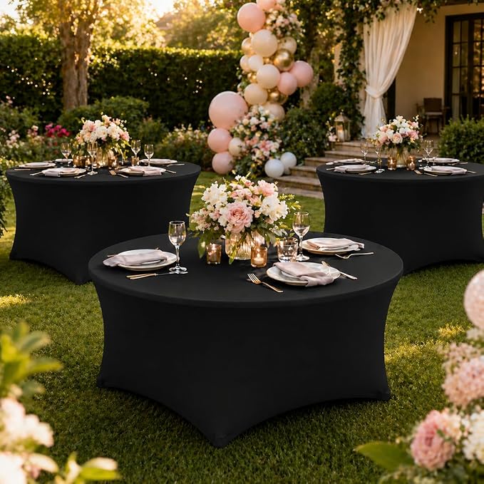 Round Table Covers - 6 Pack 60x30 Inch Table Cloth - Black Fitted Stretch Spandex Round Tablecloth for Party, Wedding, Birthday, Hotel, Banquet