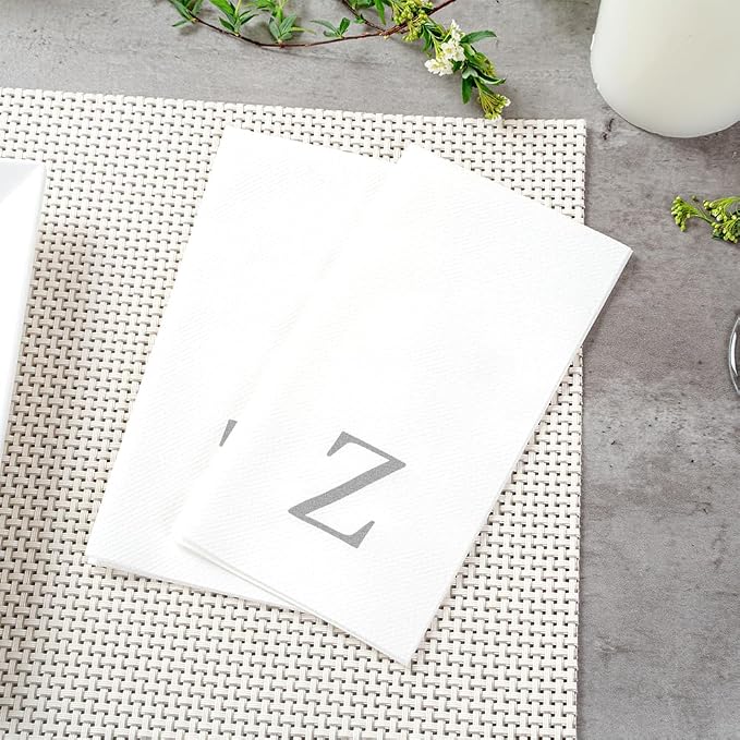 Luxenap 15.8 X 7.9 Inch Linen-Feel Guest Towels, 50 Lettered Hand Towels - Silver Letter 'Z', Sans Serif Font, White Paper Dinner Napkins, airlaid, For Restrooms And Tables - Restaurantware