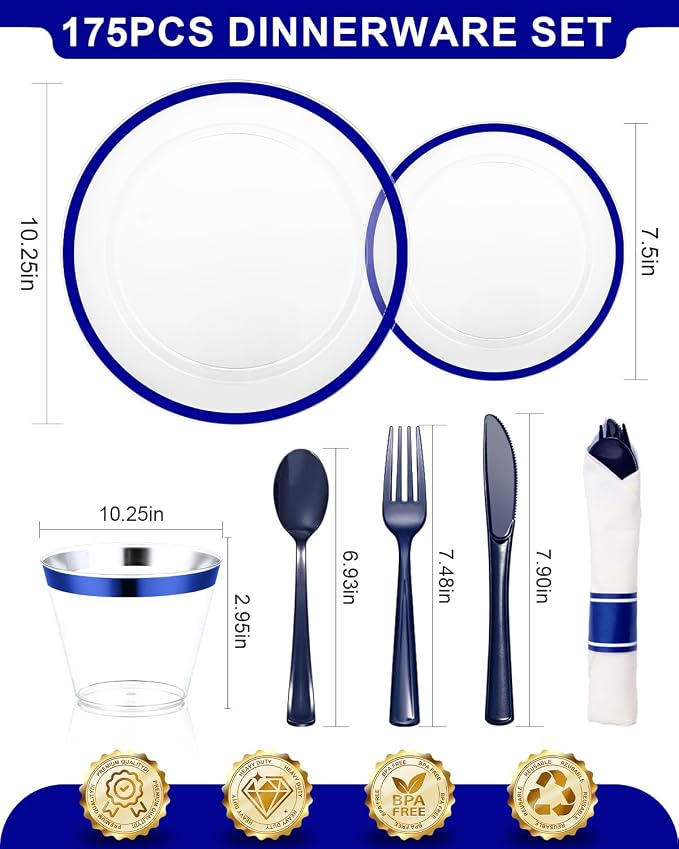 BESTVIP 175Pcs Clear Blue Plastic Plates for Party, Disposable Clear Dinnerware Set for 25 Guests, 50 Plastic Plates, 25 Cups, 25 Pre-Rolled Napkins with Cutlery for Party, Wedding, Christmas