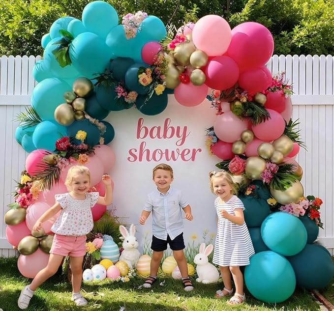 Teal Blue Pink Balloon Garland, Double Stuffed Hot Light Pink Dusty Blue Gold Balloon Arch Kit for Birthday Baby Shower Gender Reveal Wedding Tropical Party Decoration