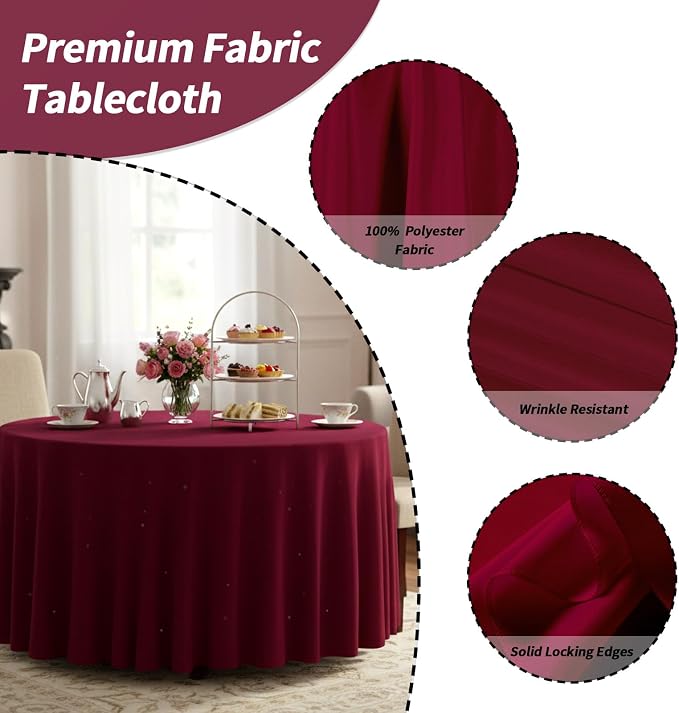 Fixwal 6 Pack Burgundy 120 Inch Round Tablecloths, Reusable Heavy Duty Washable Polyester Table Covers, Stain and Wrinkle Resistant for Wedding, Party, Thanksgiving, Formal Events, Outdoor