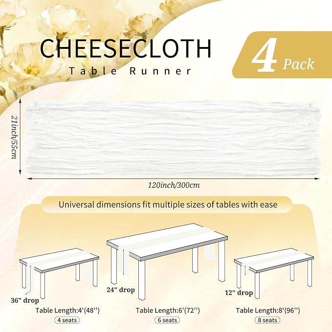 4 Pack Cheesecloth Table Runner 10FT Ivory White Table Runner Boho Gauze Cheese Cloth Table Runners Long Rustic Sheer Table Decorations for Wedding Party Baby Bridal Shower Birthday Holiday Spring