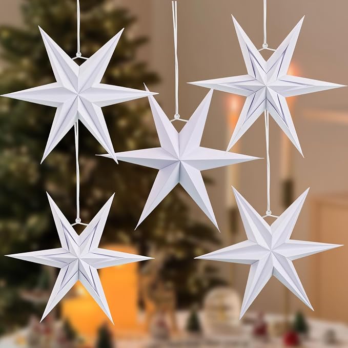 SUNBEAUTY Christmas Paper Stars, 6 Pointed 12 Inch White Color Hanging Paper Star Lanterns, Christmas Decorations Hanging Lamp for Indoor Xmas Tree, Yard, Home Decor Birthday