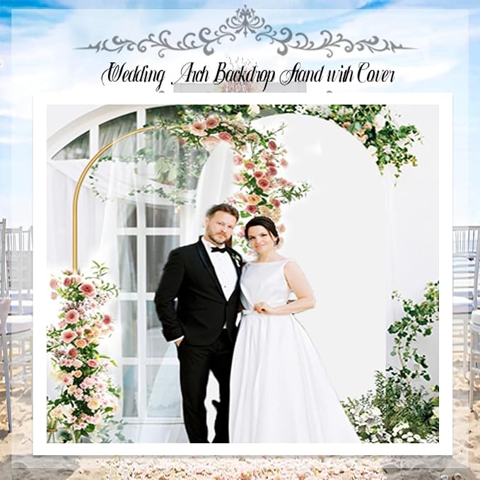 Arch Backdrop Stand and Cover Set 6.6FT, Metal Arch Stand & Cover Set with Ground Nails White Spandex Fitted Arch Covers Stretchy Backdrop with Zipper for Wedding Birthday Party Baby Shower Banquet